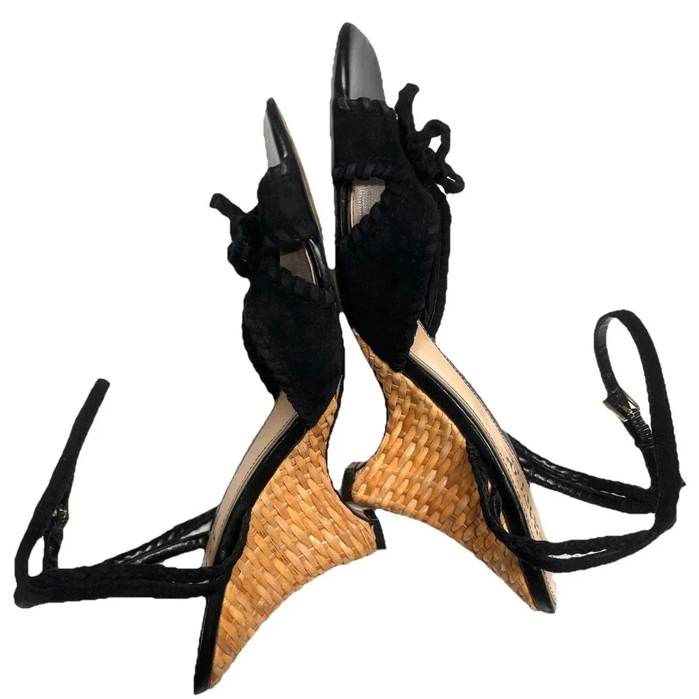 Franco Sarto Black Leather L-Jive Ankle Strap Wicker Wedge Heel Sandal Sz 8 1/2